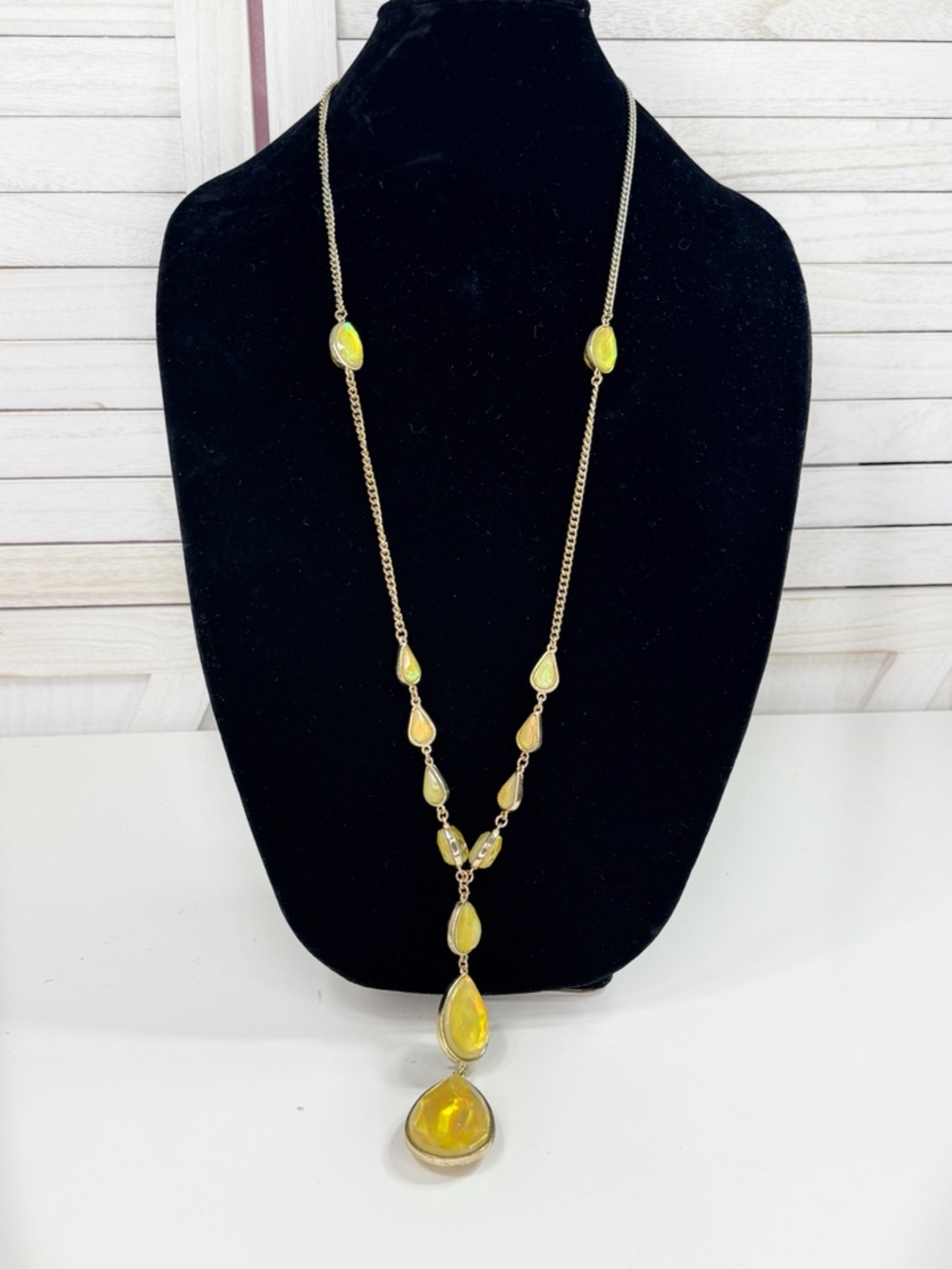 Vintage QVC Iridescent Yellow Honey Teardrop Y Statement Necklace Gold Tone Long
